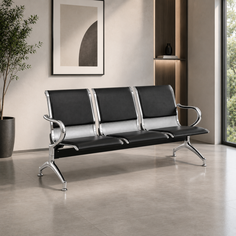 3-Seater Visitors Waiting Chair  Black Leather Seat