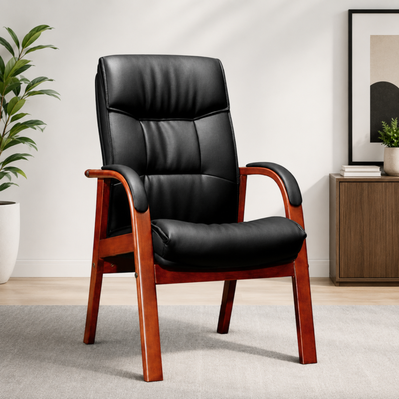 Executive Visitor Office Chair Black Leather Wooden Legs